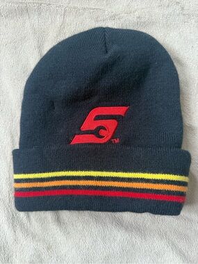 Black Beanie with Red 'S' Logo and Yellow/Red Stripe Detail